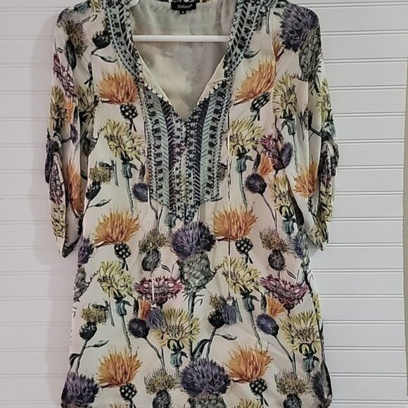 Tolani Floral Boho Tunic Top Womens Size Small Tassel Tie V Neck Sheer India - Picture 5 of 12
